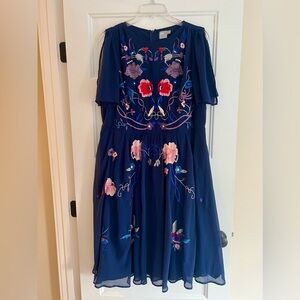 ASOS Blue Embroidered Midi Dress size 16 Sheer Sleeve Boho Chic Fit Flare